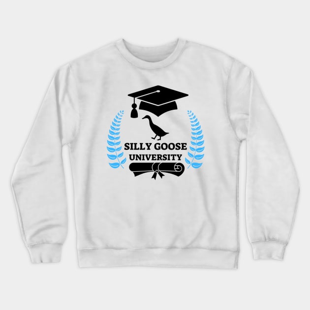 Silly Goose University - Walking Goose Black Design With Blue Details Crewneck Sweatshirt by Double E Design
